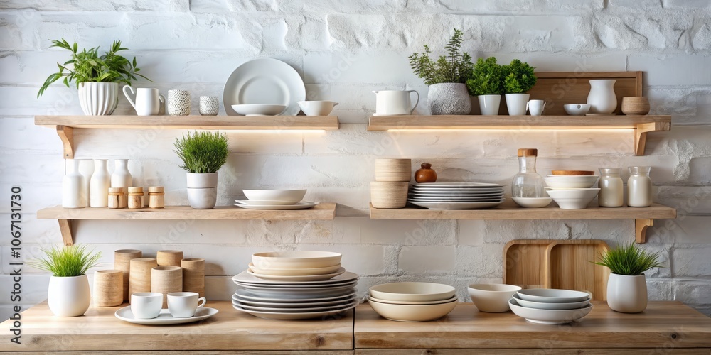 Stylish Open Shelves in a Waste-Free Kitchen Featuring White Ceramic and Eco-Friendly Wooden Dishes Against a Textured White Wall for Candid Photography Inspiration Stylish Open Shelves in a Waste-Free Kitchen Featuring White Ceramic and Eco-Friendly Wooden Dishes Against a Textured White Wall for Candid Photography Inspiration