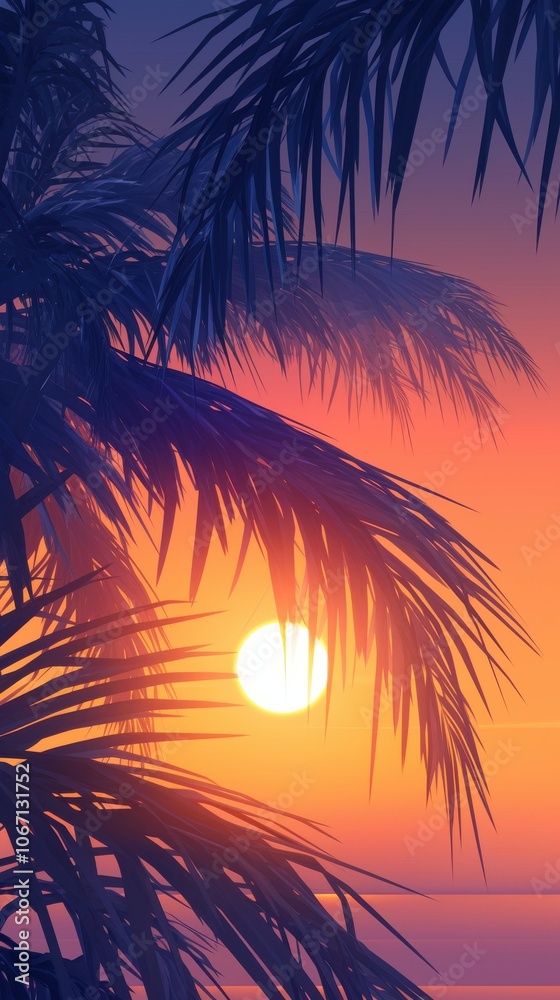 A stunning sunset view with silhouette of palm trees against vibrant orange and purple hues.