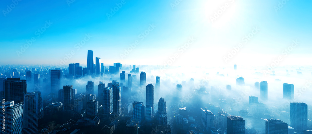 Obraz premium City skyline with smog-filled air, representing the visible impact of CO2 emissions on urban health