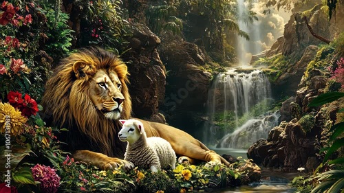 A mythical scene depicting a majestic lion and a gentle lamb peacefully coexisting in a lush paradise garden. The vibrant flora and serene atmosphere symbolize harmony and the transcendence