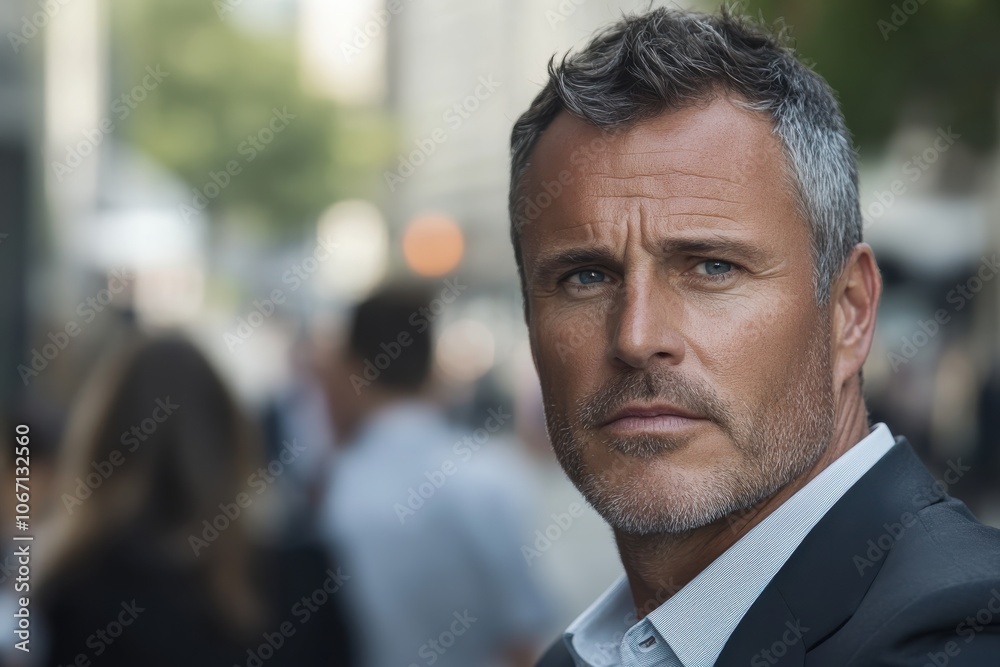 A determined man with salt-and-pepper hair stands in a bustling urban environment, observing his surroundings closely with a serious look during daylight hours. A determined man with salt-and-pepper hair stands in a bustling urban environment, observing his surroundings closely with a serious look during daylight hours.