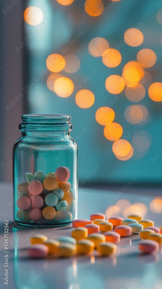 Glass jar filled with colorful tablets on a table with blurred foliage in the background Glass jar filled with colorful tablets on a table with blurred foliage in the background