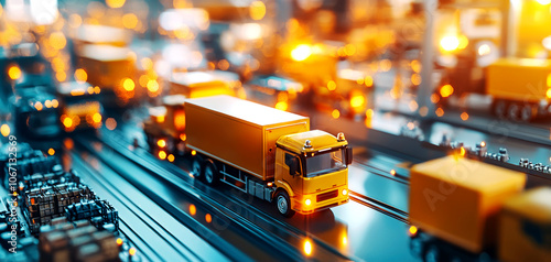 Electric trucks unloading cargo at a green-powered factory, symbolizing transportation emission neutrality