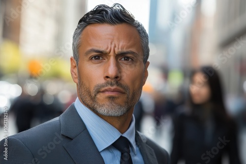 A serious-looking business professional with dark hair and a tailored suit walks through a crowded street, showcasing a sense of purpose and focus amid the urban hustle.