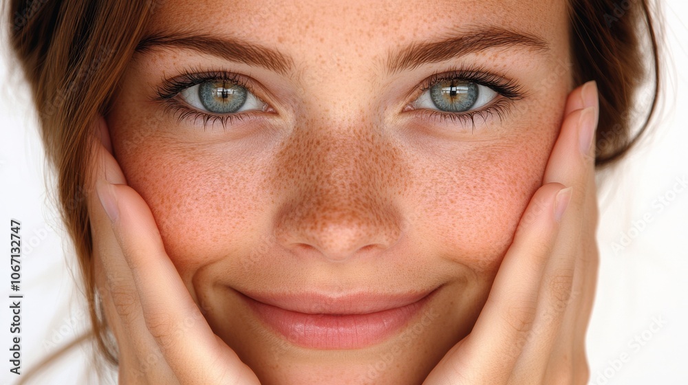 Close up Freckled Woman Face Smiling Hands Beauty Skincare Portrait Close up Freckled Woman Face Smiling Hands Beauty Skincare Portrait