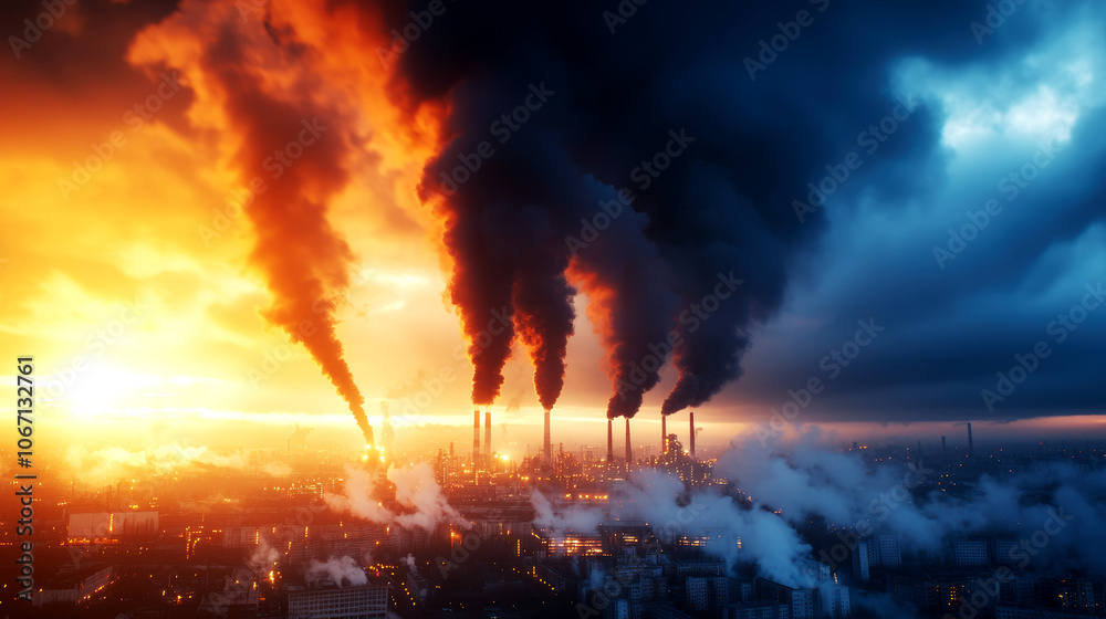 Factories emitting dark clouds of CO2 against a withering landscape, representing negative ecological impact Factories emitting dark clouds of CO2 against a withering landscape, representing negative ecological impact
