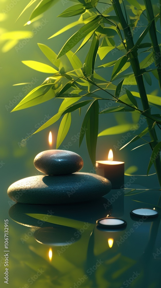Naklejka premium Tranquil scene featuring zen stones, flickering candles, and bamboo leaves, exuding calmness and serenity.