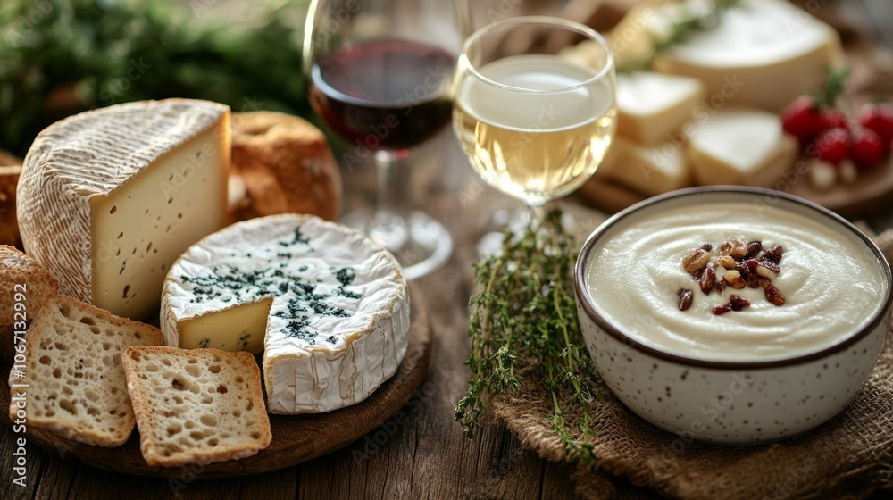 A beautiful cheese platter is showcased with glasses of red and white wine. Fresh herbs and crackers complement the selection. Perfect for gatherings or special occasions. AI A beautiful cheese platter is showcased with glasses of red and white wine. Fresh herbs and crackers complement the selection. Perfect for gatherings or special occasions. AI