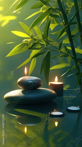 Tranquil scene featuring zen stones, flickering candles, and bamboo leaves, exuding calmness and serenity.