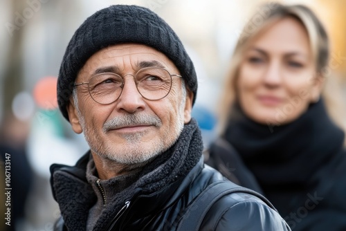 An elderly man wearing a winter hat and glasses stands outdoors, radiating warmth and wisdom, with a gentle smile and a blurred companion in the background. photo