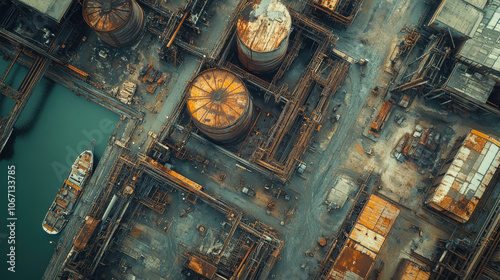 Aerial view of industrial facilities, showcasing large storage tanks and structures, indicative of oil or gas production.