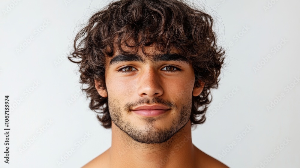 Handsome Young Man Portrait Curly Hair Closeup Face Skin Handsome Young Man Portrait Curly Hair Closeup Face Skin