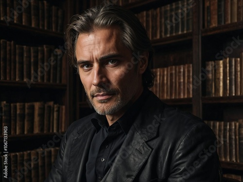 Mature Man in Classic Library Setting Wearing Black Leather Jacket Evoking Mystery and Intellectual Depth