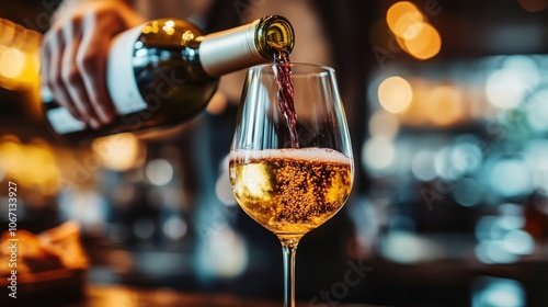 Bartender pouring white wine into a glass.