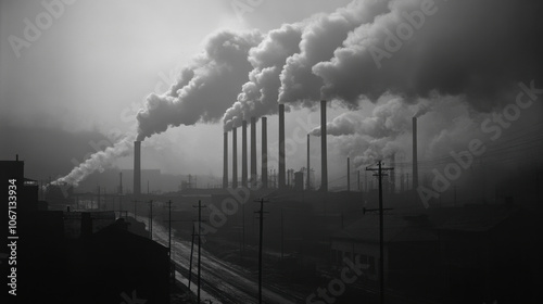 A dark industrial landscape with smokestacks releasing heavy plumes of smoke, illustrating pollution and environmental impact.