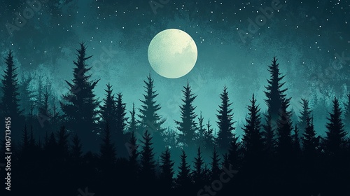 Full Moon Rising Over Dark Forest with Starry Night Sky.