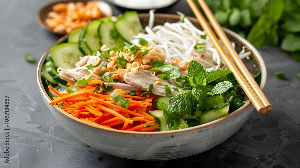 Close up view of a vibrant and traditional Asian noodle dish featuring a bowl filled with steaming hot broth fresh vegetables and chopsticks creating an inviting and appetizing dining scene Close up view of a vibrant and traditional Asian noodle dish featuring a bowl filled with steaming hot broth fresh vegetables and chopsticks creating an inviting and appetizing dining scene
