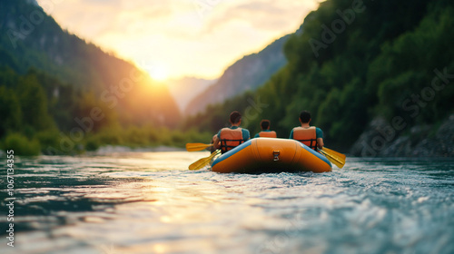 Group of Friends Rafting Downriver – Adventure Team Paddling Through Rapids in Yellow Raft photo