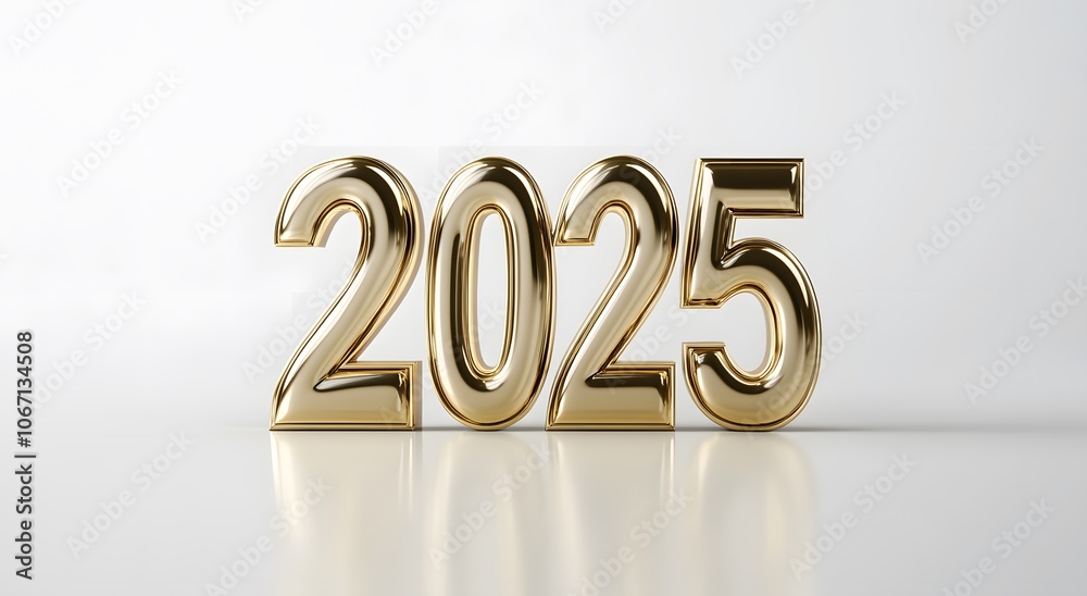 Golden 3D Number 2025 on White Background Golden 3D Number 2025 on White Background