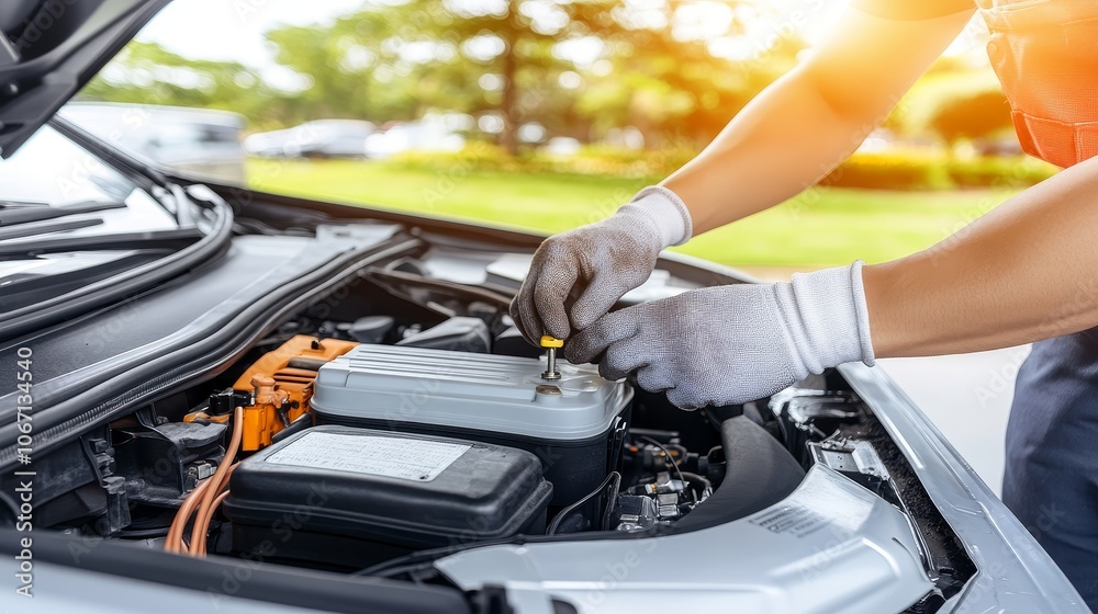Skilled mechanic in gloves tightening a bolt in an engine bay, demonstrating precision and expertise in car maintenance and repair, professional automotive service concept Skilled mechanic in gloves tightening a bolt in an engine bay, demonstrating precision and expertise in car maintenance and repair, professional automotive service concept
