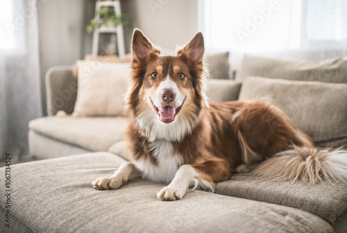 Obraz na płótnie brown australian shepherd dog indoor on the living room