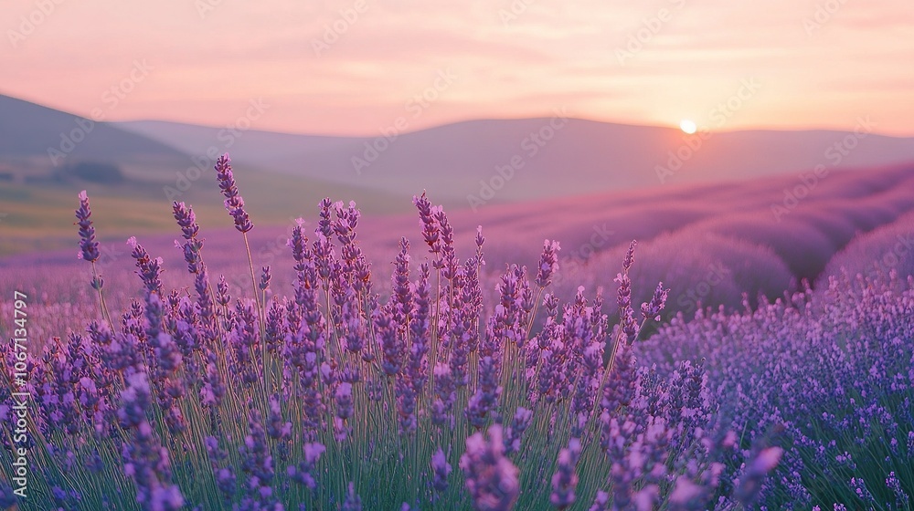 Fototapeta premium Lavender Field in Bloom at Sunrise with Soft Pastel Colors.