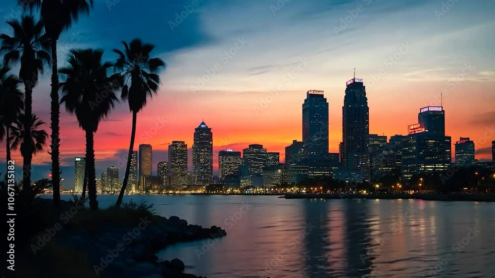 San Diego Skyline at Sunset with Palm Trees