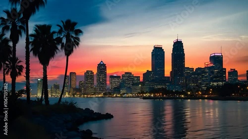 San Diego Skyline at Sunset with Palm Trees