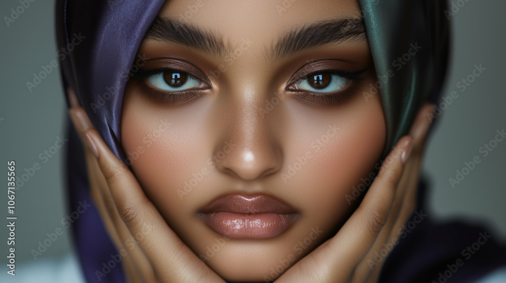 Person portrait model with beautiful skin and makeup wearing a colorful hijab Person portrait model with beautiful skin and makeup wearing a colorful hijab
