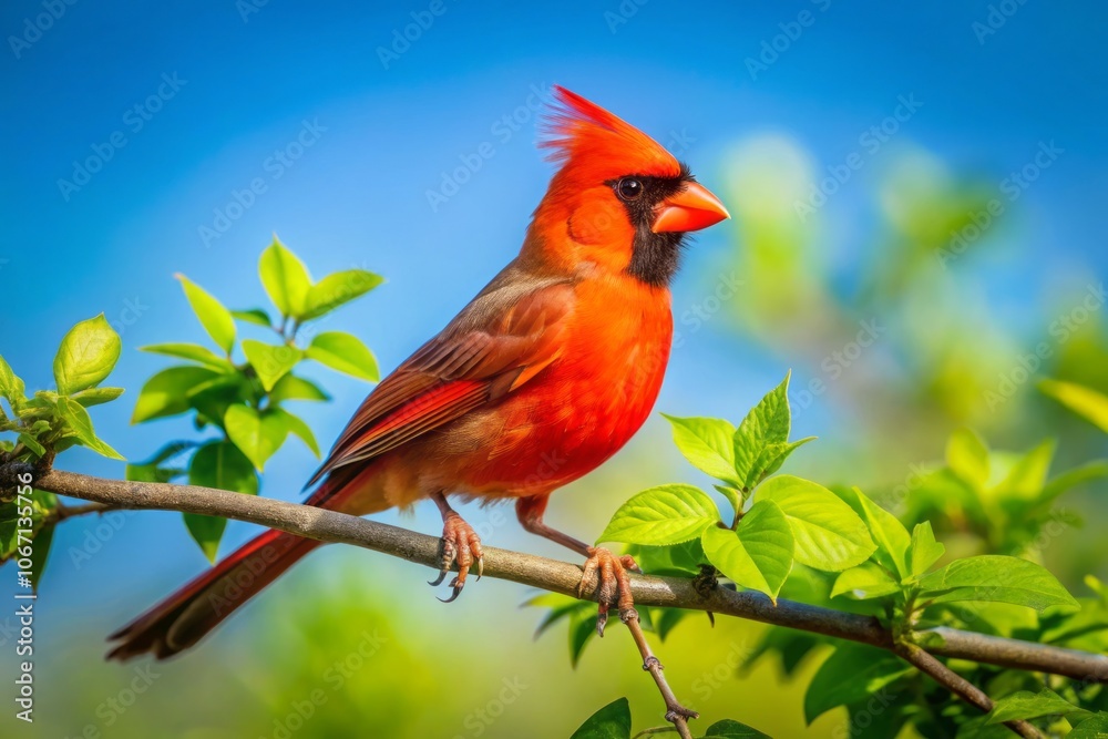 Vibrant Cardinal Perched Gracefully on a Tree Branch Surrounded by Lush Green Foliage in a Bright Blue Sky, Capturing the Essence of Nature's Beauty and Wildlife Serenity Vibrant Cardinal Perched Gracefully on a Tree Branch Surrounded by Lush Green Foliage in a Bright Blue Sky, Capturing the Essence of Nature's Beauty and Wildlife Serenity