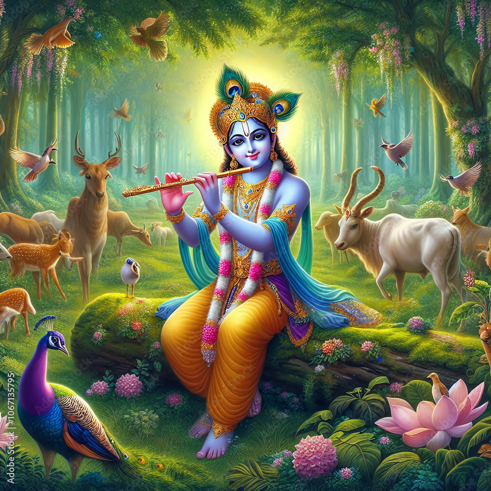 Obraz premium Krishna tocando la flauta en el bosque rodeado de animales