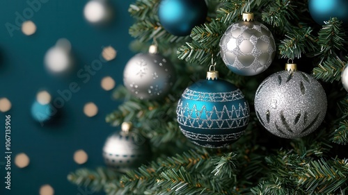 Blue and silver Hanukkah decorations on a Christmas tree, blending holiday themes photo