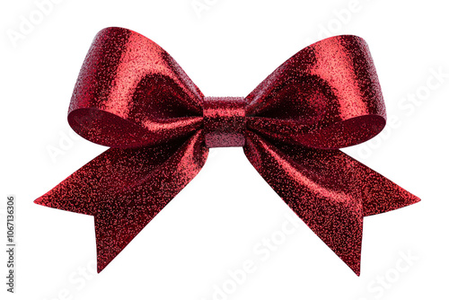 A sparkling red bow with wide loops and tails, perfect for gifts and decorations, set against a transparent background.