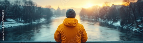 Man standing on a bridge looking at a river photo