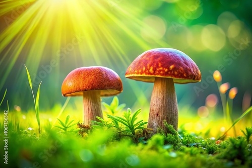 Wallpaper Mural Vibrant Illustration of Two Mushrooms Growing on Lush Green Grass, Perfect for Nature, Forestry, or Culinary Themes - Capture the Essence of the Outdoors with This Colorful Image Torontodigital.ca