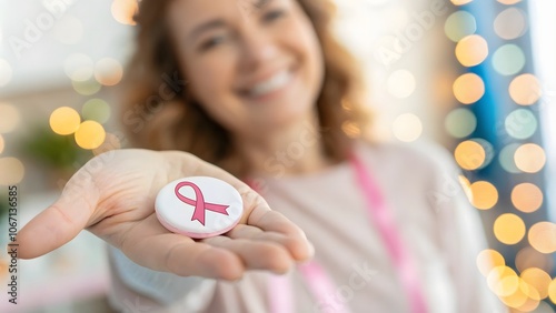 A female volunteer handing out cancer awareness pins with cheerful bokeh.