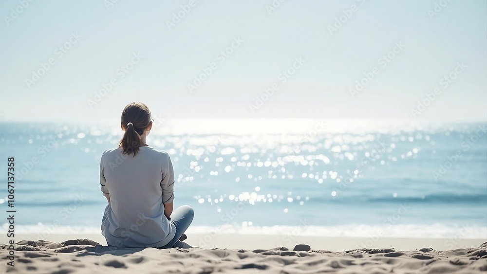 Peaceful Woman Sitting on a Beach Gazing at a Calm Sea Under a Clear Sky Representing Acceptance and Serenity in Embracing Life's Circumstances Peaceful Woman Sitting on a Beach Gazing at a Calm Sea Under a Clear Sky Representing Acceptance and Serenity in Embracing Life's Circumstances