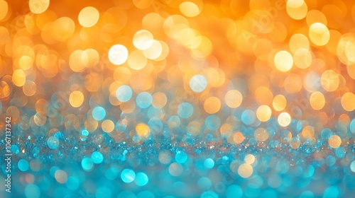 Gradient bokeh effect blending turquoise and peach light circles. AI generated
