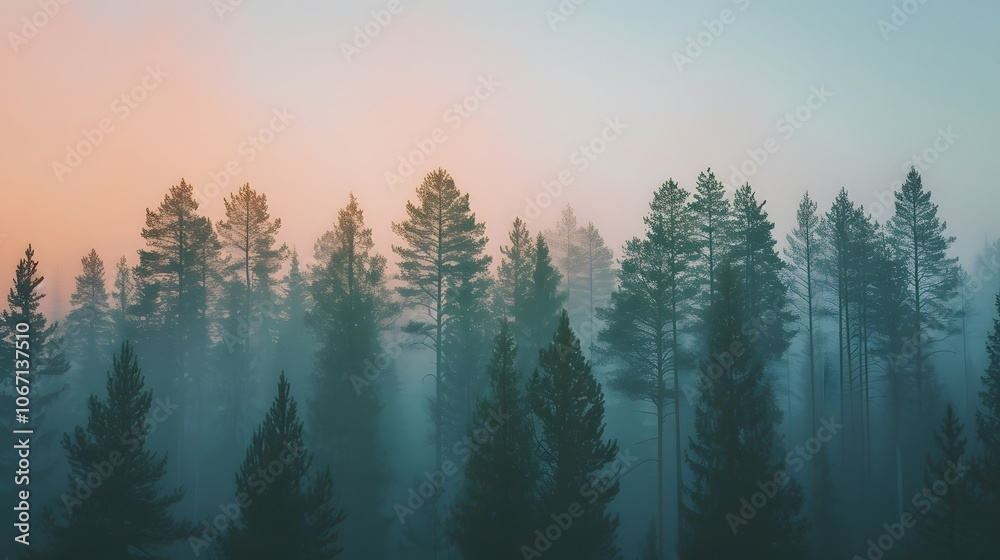 Obraz premium Panoramic view of tall trees against a pastel sky with a minimalist AI generated illustration