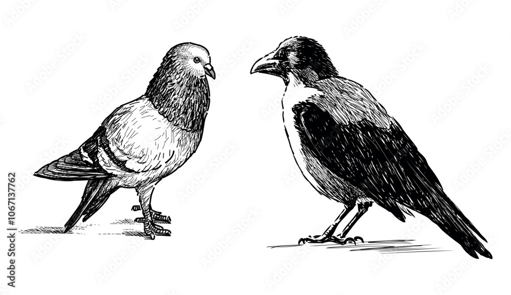 Obraz premium Sketch of crow and pigeon birds standing and looking, realistic hand drawing, vector illustration