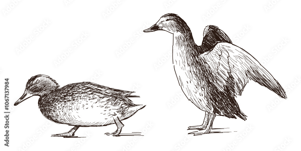 Obraz premium Sketch of two wild ducks walking, standing, side view, realistic hand drawn vector illustration isolated on white