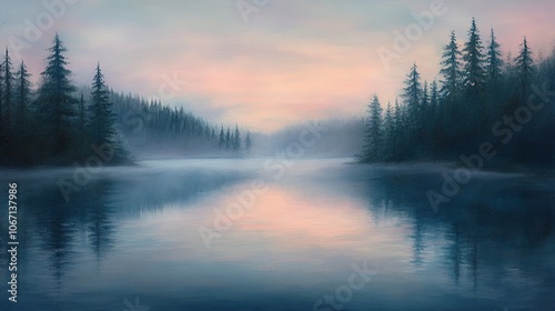 Misty lake at dawn with pine trees reflecting on calm water.