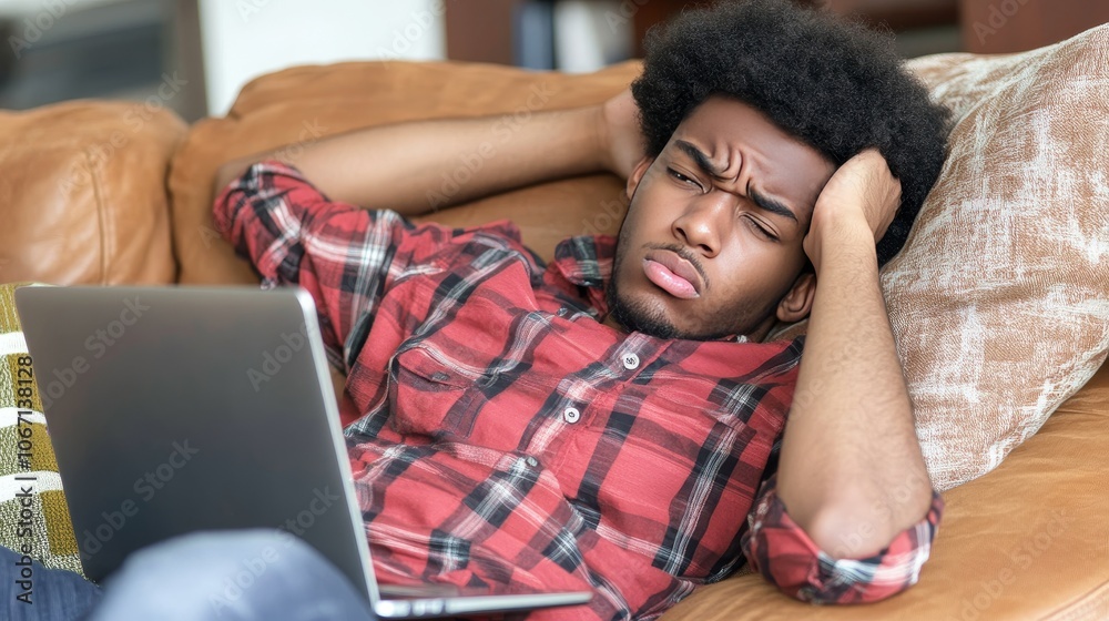 Bored Afro freelancer guy working on laptop while lying on a sofa at home, frowning and struggling with his freelance job routine, feeling frustrated in a cozy living room Bored Afro freelancer guy working on laptop while lying on a sofa at home, frowning and struggling with his freelance job routine, feeling frustrated in a cozy living room