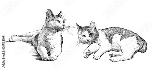Sketches of two cute lying domestic cats, realistic hand drawn vector illustration isolated on white
