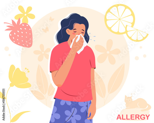 Woman with runny nose and watery eyes. Allergy to pet fur, flower pollen, citrus or berries, seasonal illness. Flat vector illustration