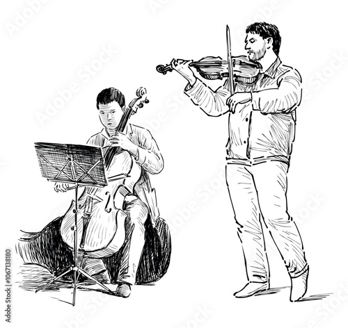 Sketches of two street musicians playing on violin and double bass, buskers duet, realistic hand drawing, vector illustration