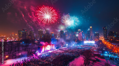 A city skyline at midnight with 2025 fireworks lighting up the sky, illuminating the happy crowd gathered to celebrate the New Year