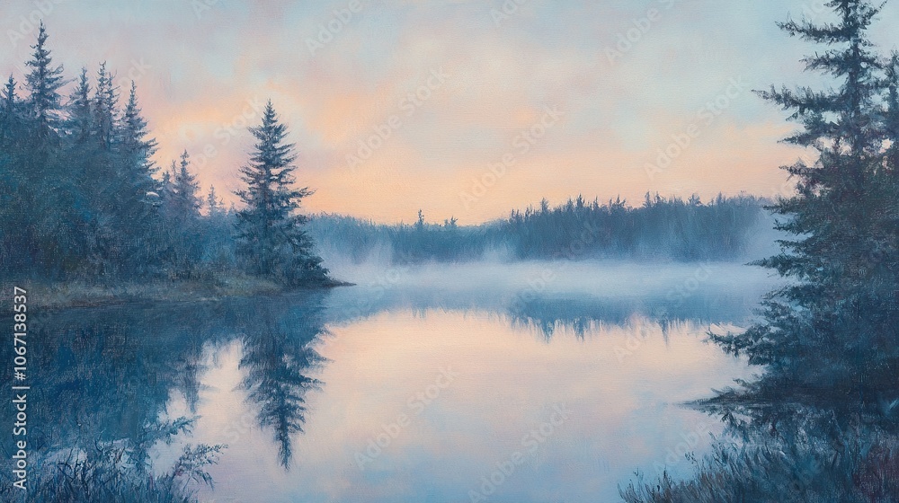 Fototapeta premium Misty lake at dawn with pine trees reflecting on calm water.