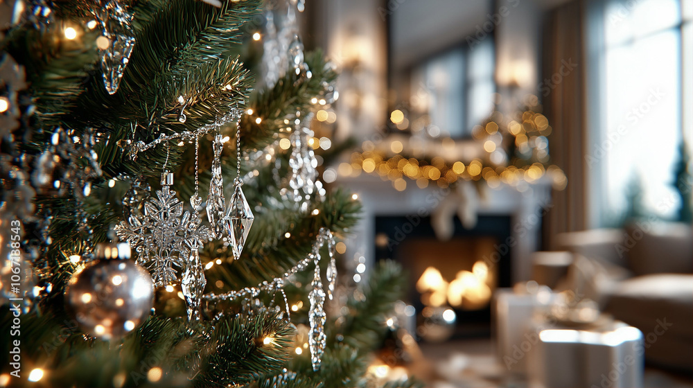 Christmas tree decorations with sparkling lights and ornaments in a cozy living room during the holiday season Christmas tree decorations with sparkling lights and ornaments in a cozy living room during the holiday season