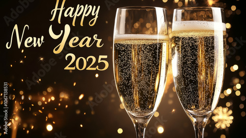 A close-up of champagne glasses clinking together with 
